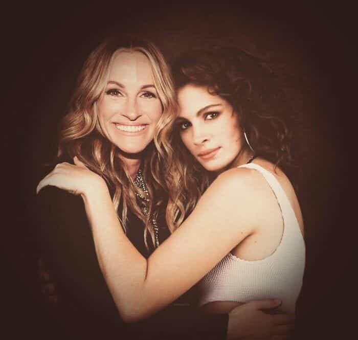 Julia Roberts embracing her younger self in a portrait edit.