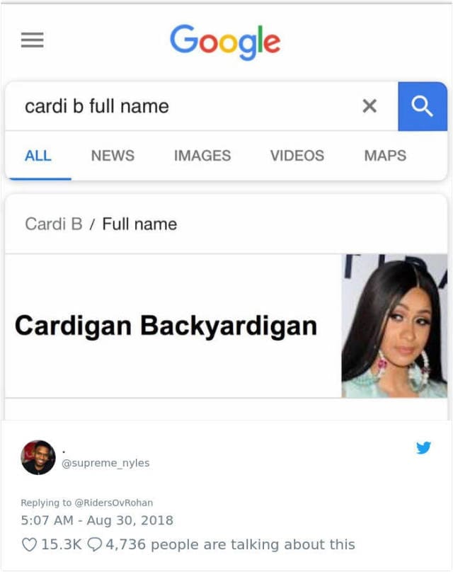 Fake Google search result claiming Cardi B's full name is Cardigan Backyardigan.