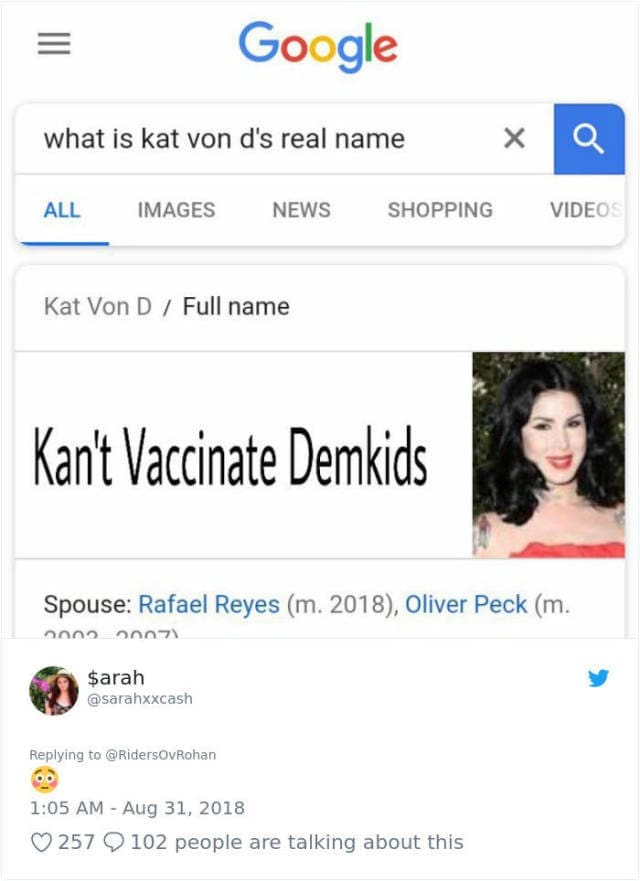 Satirical Google search result changing Kat Von D's name to controversial phrase.
