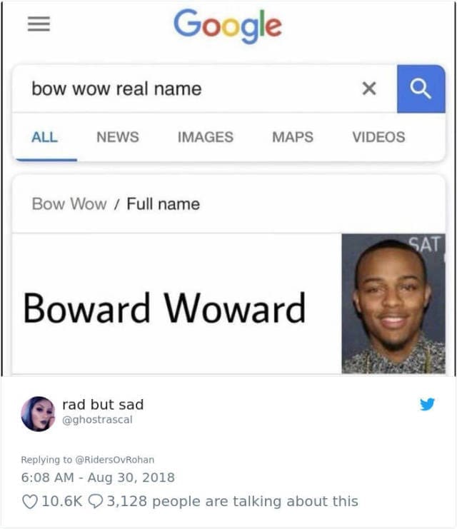 Edited Google search showing Bow Wow's full name as Boward Woward.