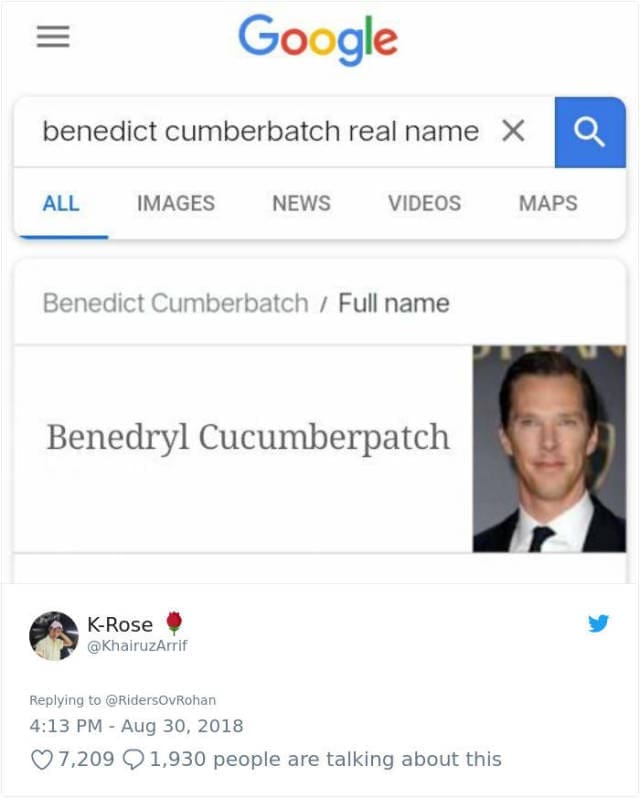 Fake search result calling Benedict Cumberbatch by the name Benedryl Cucumberpatch.