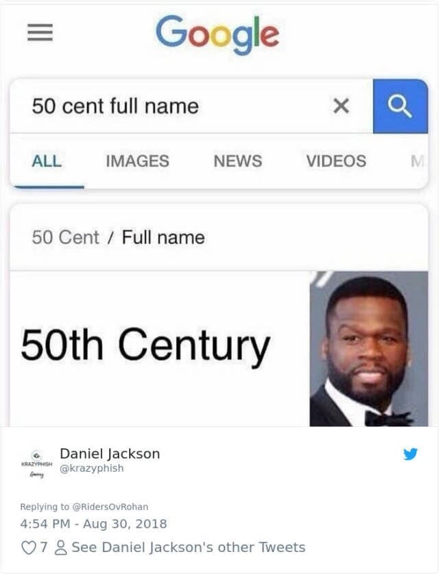 Google search meme claiming 50 Cent's full legal name is 50th Century.