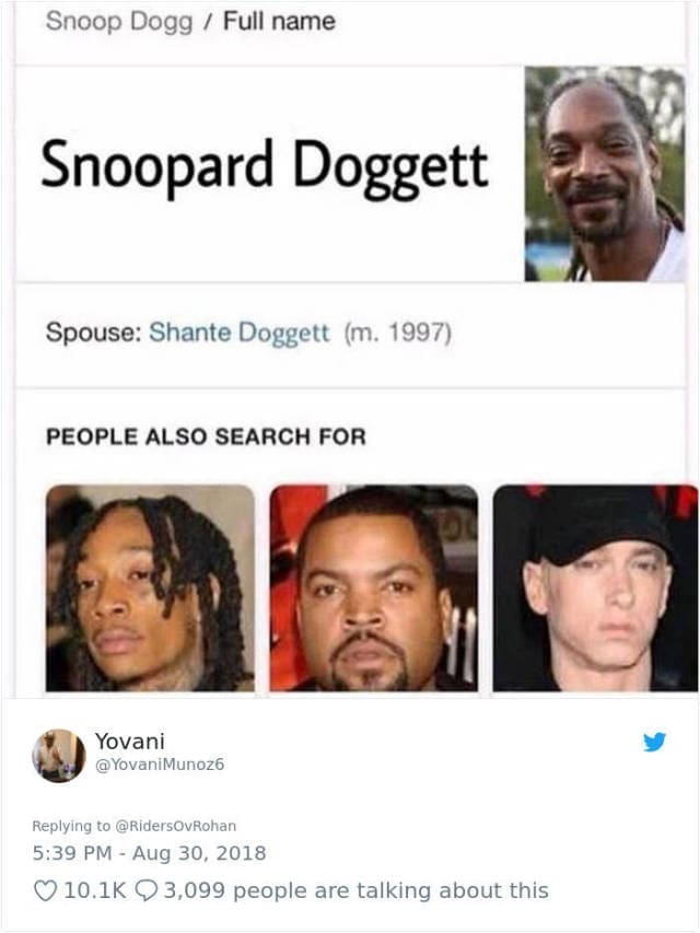 Funny edit showing Snoop Dogg's full name as Snoopard Doggett.