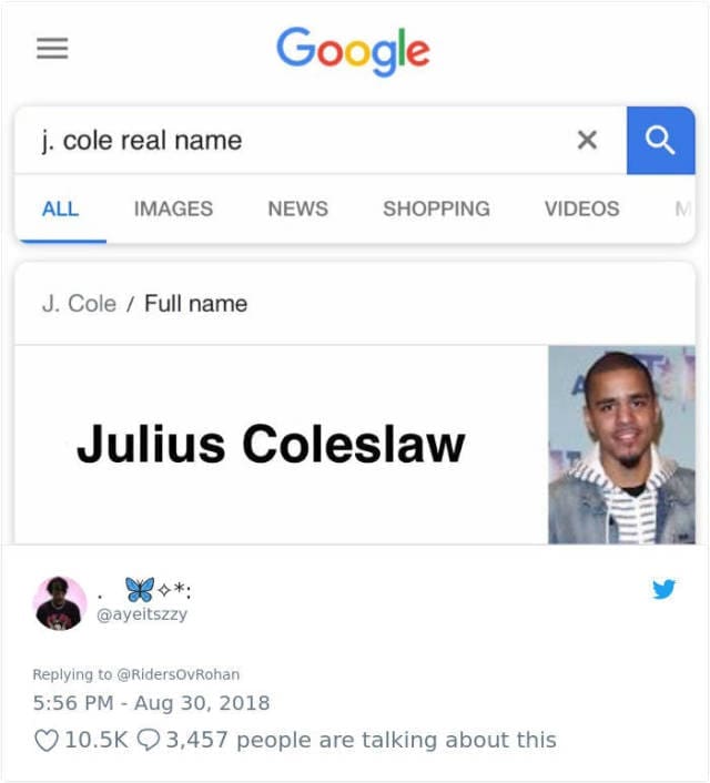 Fake Google result showing J. Cole's full name as Julius Coleslaw.