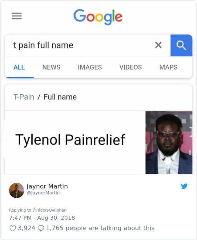Edited search result claiming T-Pain stands for Tylenol Painrelief.