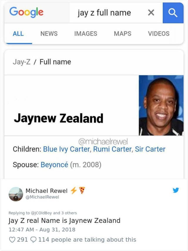 Meme showing Jay Z's full name is actually Jaynew Zealand.