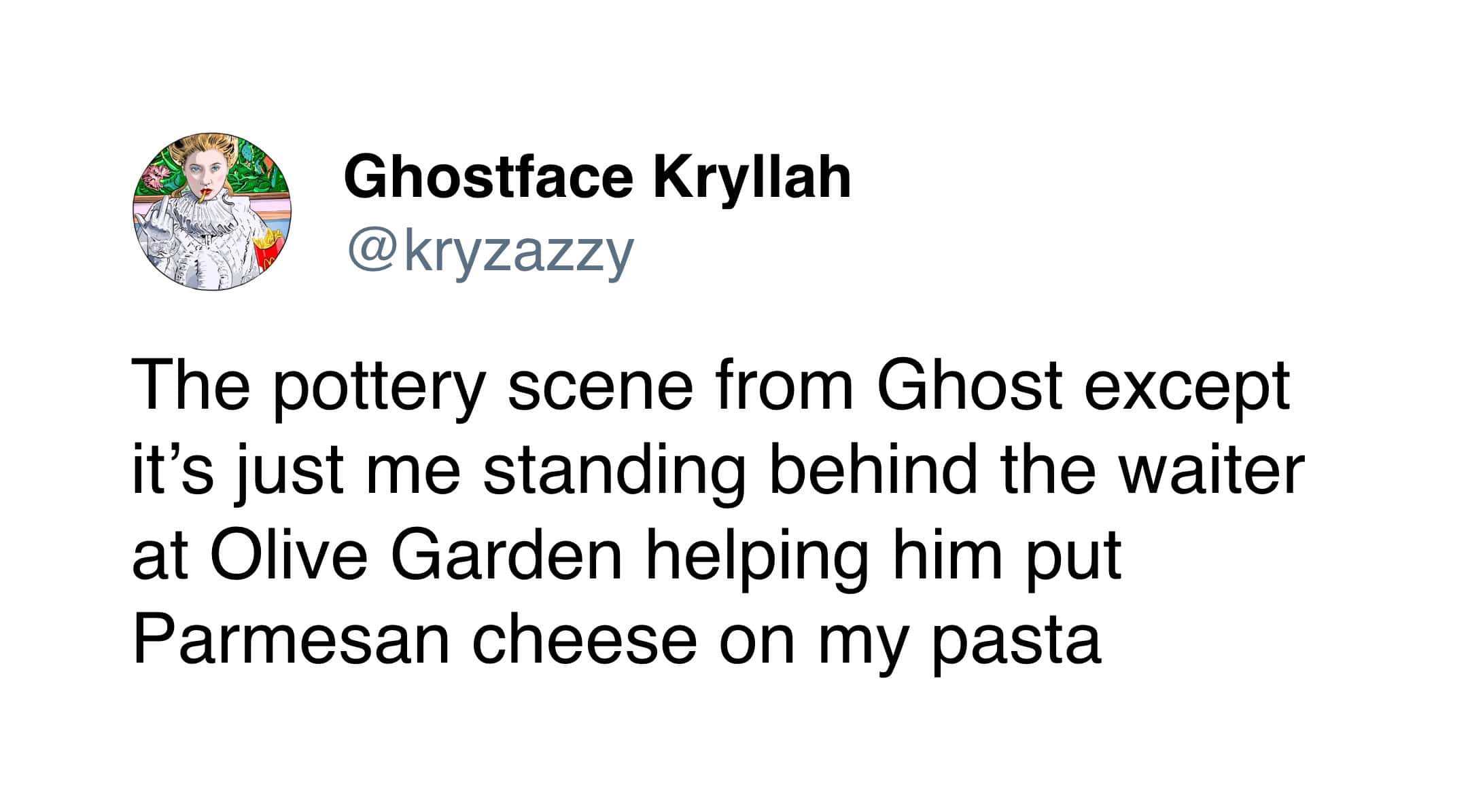 A cheese meme tweet by Ghostface Kryllah comparing the romance of the movie Ghost to a waiter grating cheese at Olive Garden.