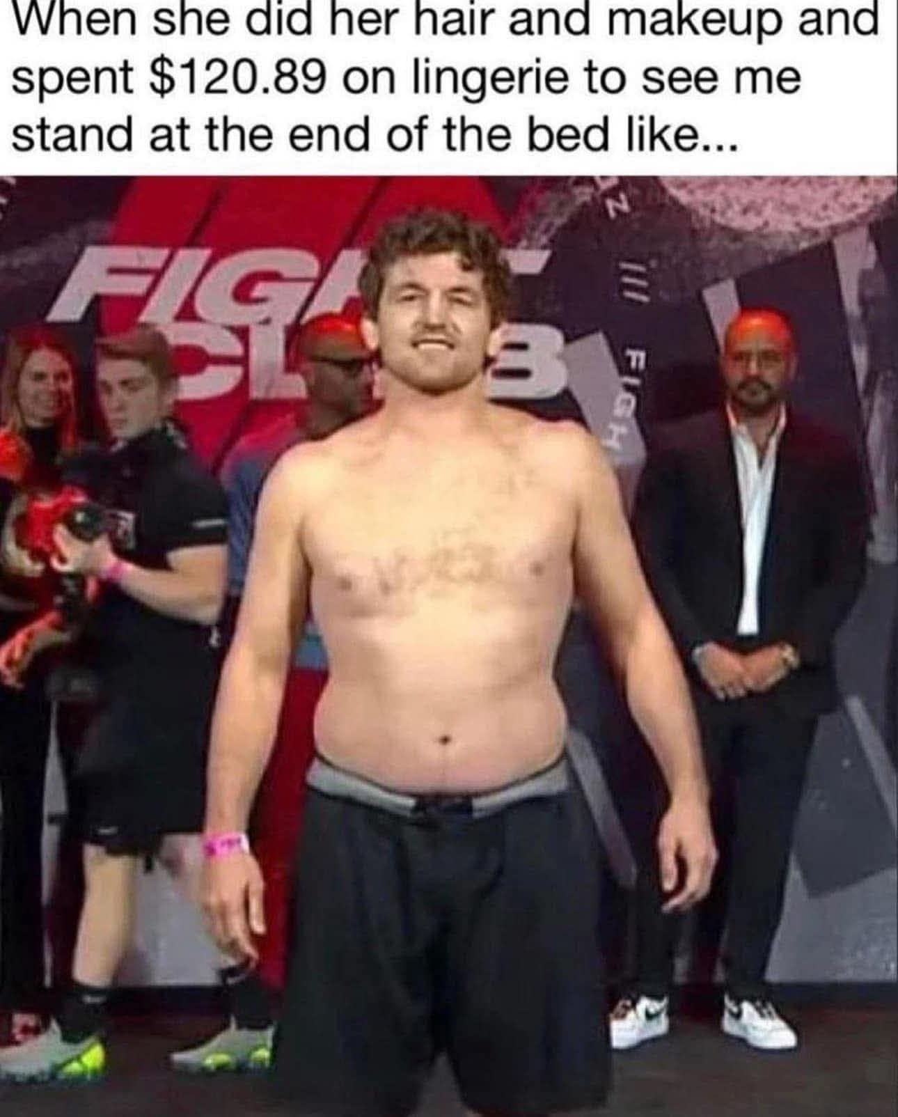 A classic meme comparing a woman in lingerie to Ben Askren standing awkwardly with a dad bod.