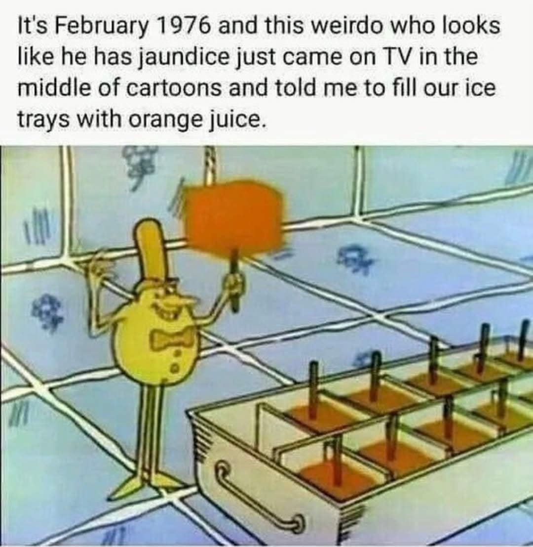 A classic meme showing a yellow cartoon character from the 70s telling kids to make orange juice popsicles.