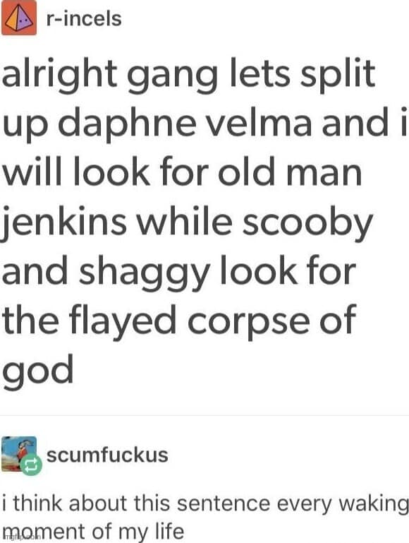 A Tumblr text post about the Scooby Doo gang splitting up to find the flayed corpse of god.