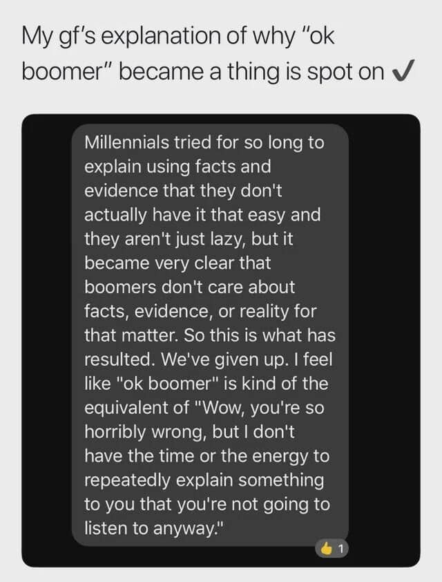A text explaining why Ok Boomer became popular as a dismissal of exhausted explanations.