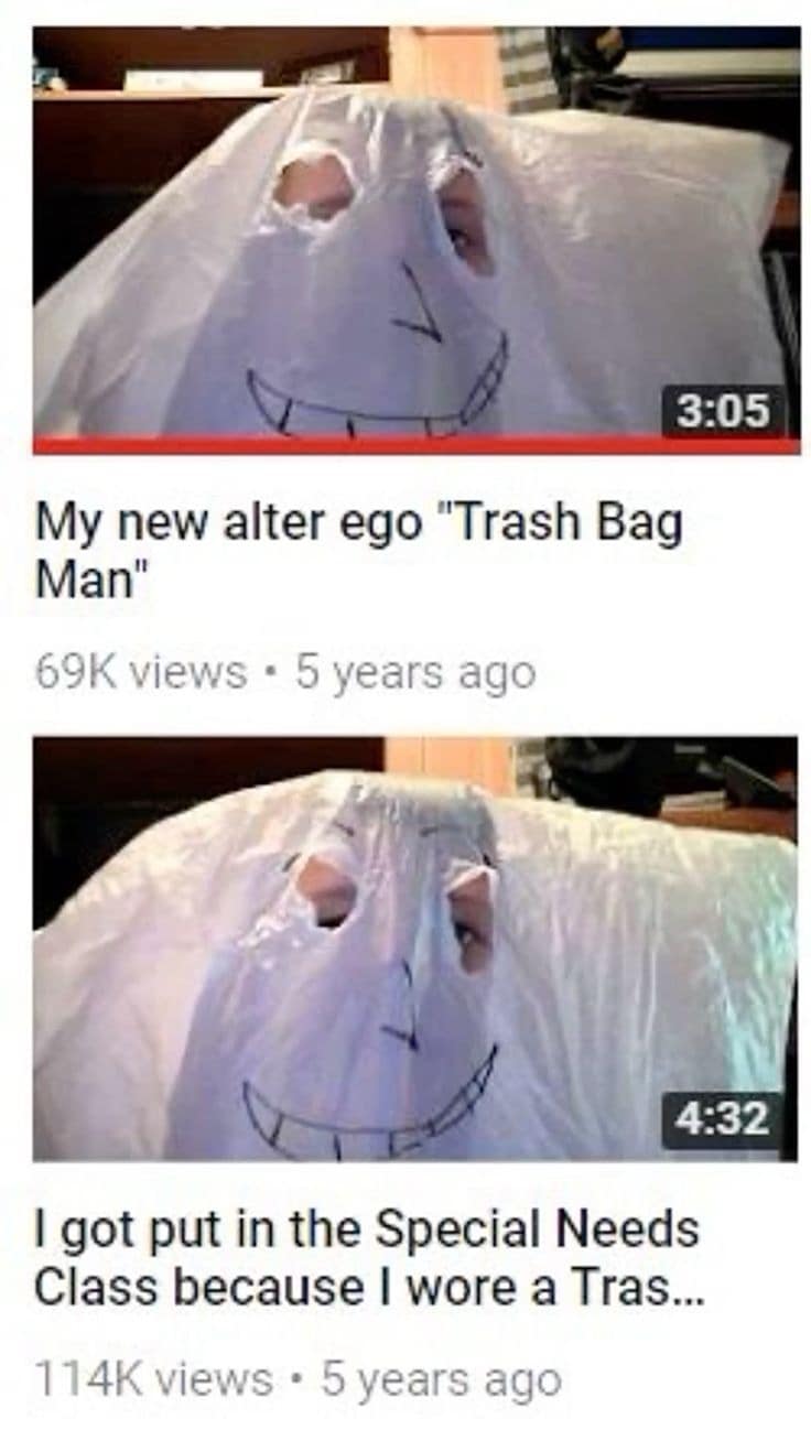 A classic meme showing a YouTube thumbnail of a kid wearing a trash bag as a new alter ego.
