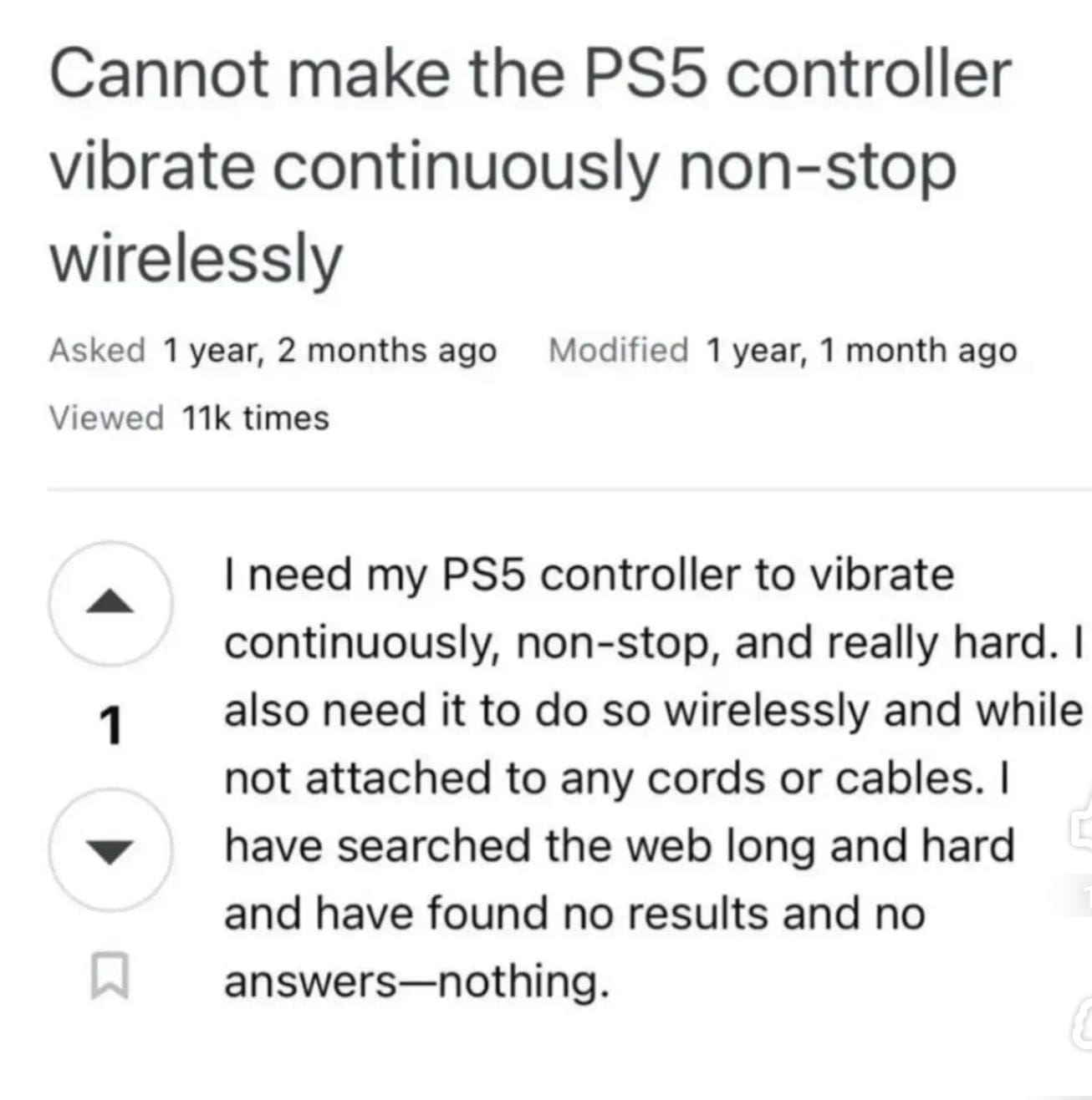 A classic meme showing a suspicious forum question about making a PS5 controller vibrate non-stop.