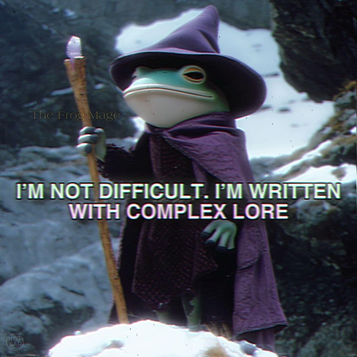 A classic meme of a frog dressed as a wizard claiming to be written with complex lore.