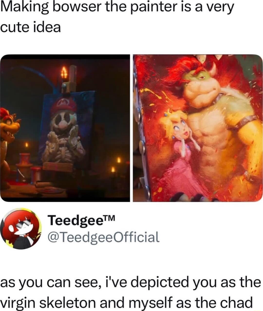 A classic meme showing Bowser painting Peach in a flattering way while depicting the Mario skeleton as a loser.