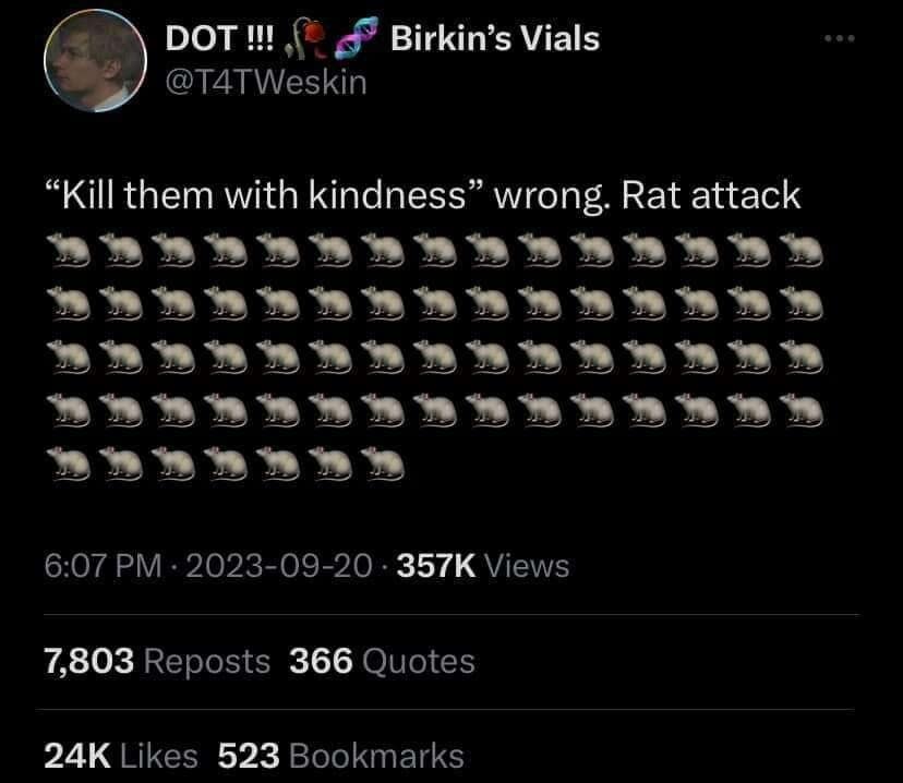 A viral tweet suggesting a rat attack instead of killing them with kindness.
