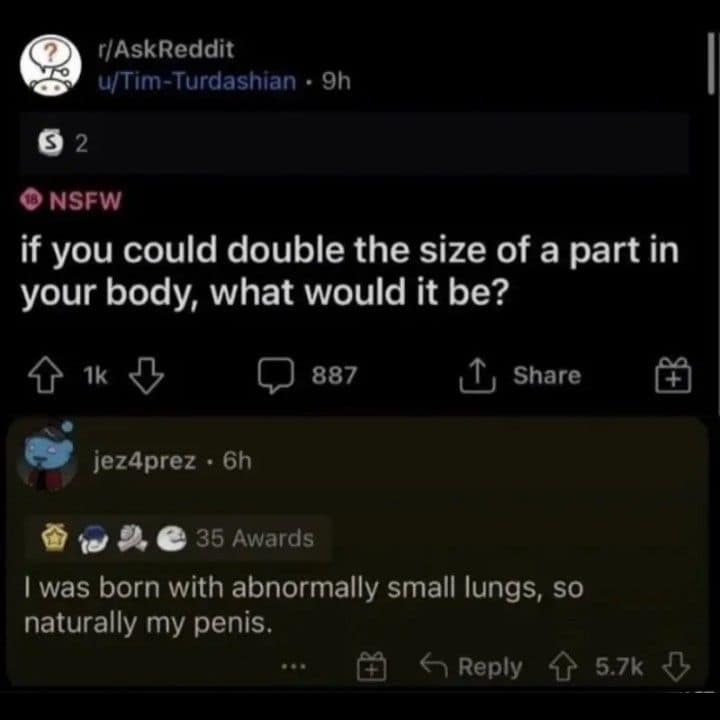 A funny Reddit comment where a user chooses to double their penis size despite having small lungs
