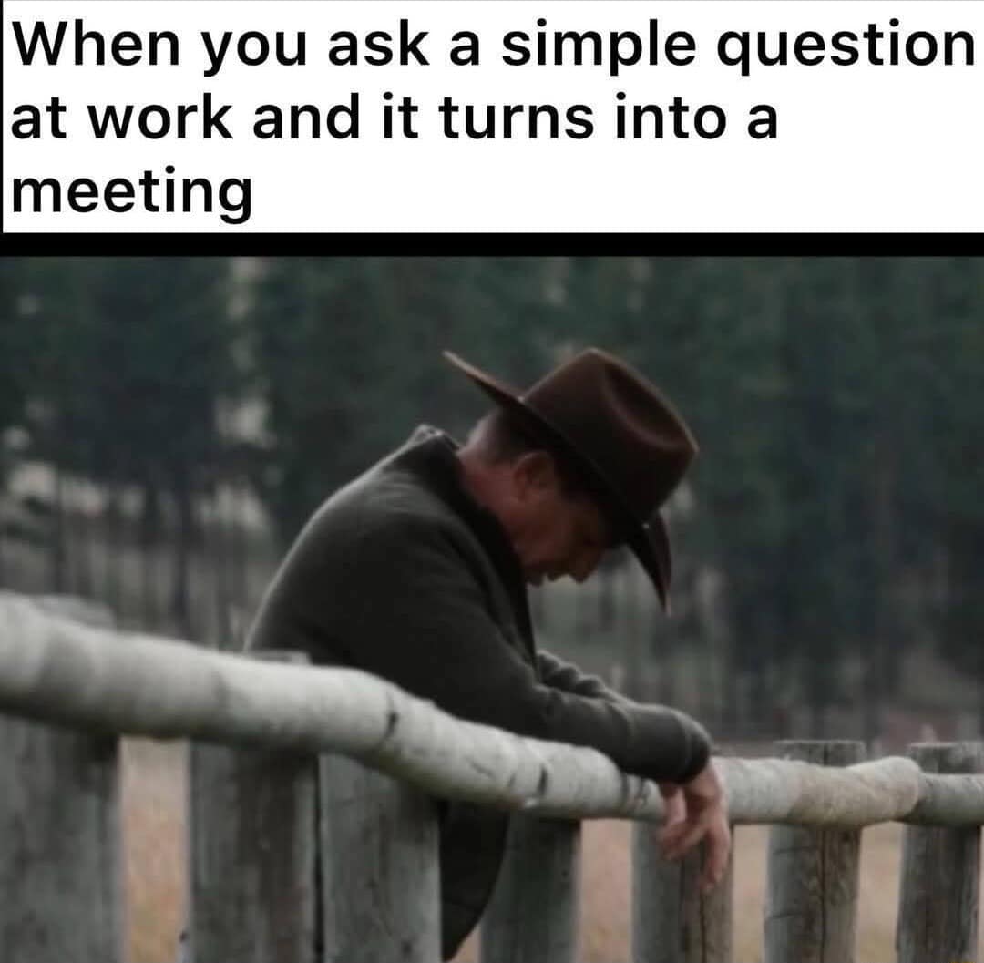 A classic meme of a cowboy looking defeated because a simple question turned into a meeting.