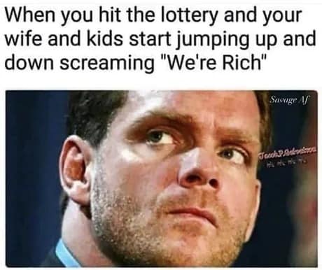 A classic meme showing a man looking stoic and suspicious while his family celebrates a lottery win.