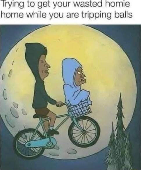 A vintage meme illustration of Beavis and Butt-Head riding a bike E.T. style while intoxicated.