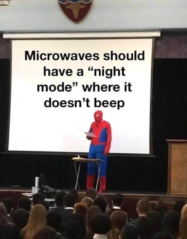 A classic meme featuring Spiderman giving a presentation proposing a silent night mode for microwaves.