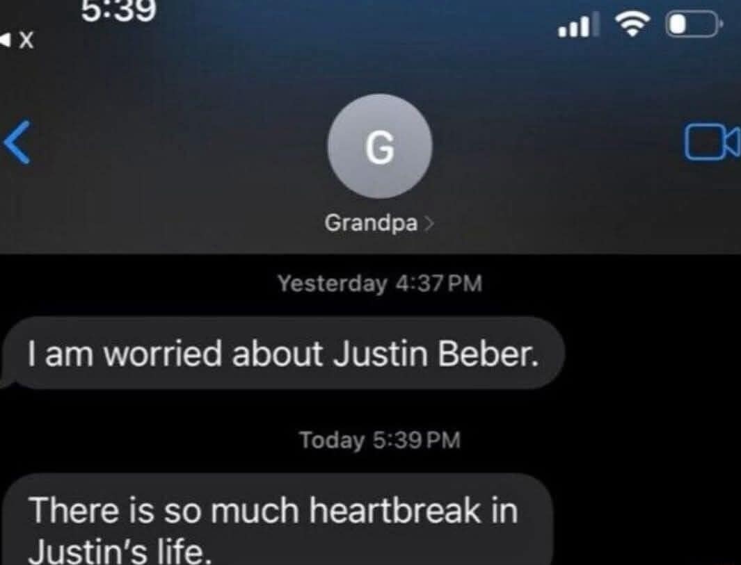 A funny text message from Grandpa worrying about Justin Bieber's heartbreak.