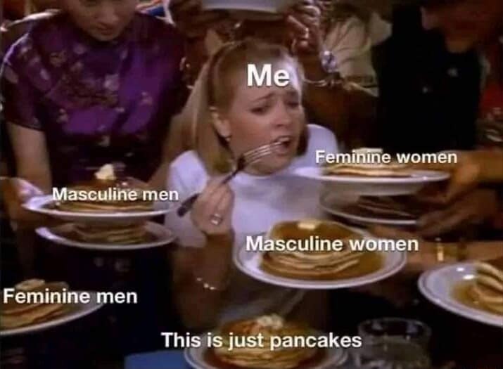 A vintage meme showing Sabrina the Teenage Witch labeling pancakes as just pancakes regardless of gender.