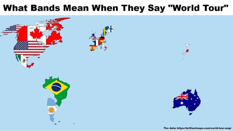 A classic meme map showing only North America, Europe, and Australia as the definition of World Tour.