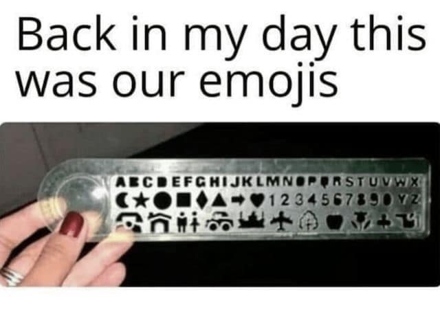 A classic meme showing a plastic stencil ruler labeled as the original version of emojis.