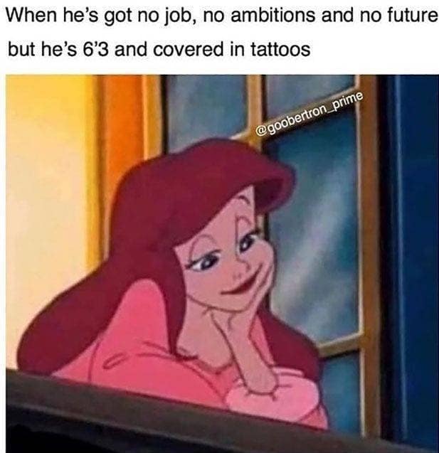 A classic meme of Ariel looking lovestruck, captioned about ignoring red flags for a tall guy with tattoos.