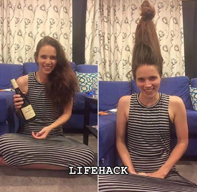 Classic meme of a woman holding a wine bottle with “LIFEHACK” showing her hair styled into a tall cone.
