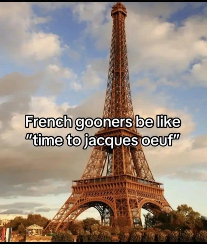 A funny pun meme using the Eiffel Tower and the French phrase Jacques Oeuf to sound like j*ck off.