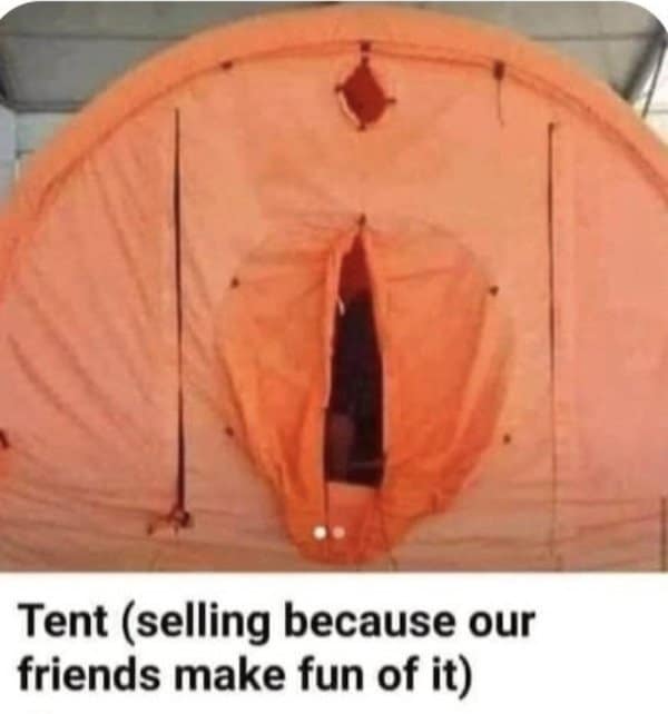 A photo of an orange camping tent with a vertical opening that looks inadvertently suggestive.