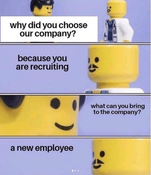 A funny Lego comic strip where a job candidate answers interview questions too literally.