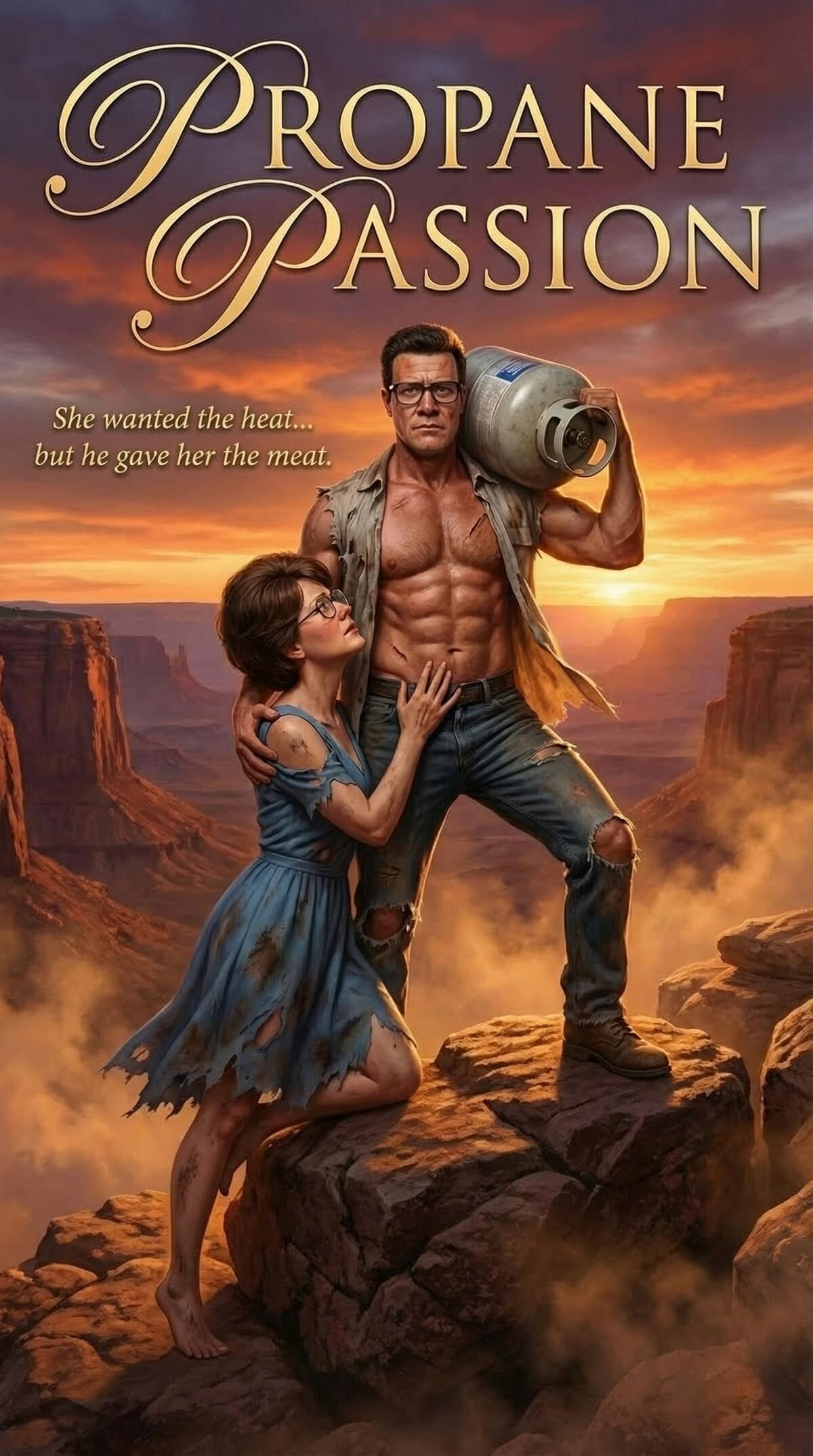 A classic meme parody of a romance novel cover featuring a muscular Hank Hill holding a propane tank.