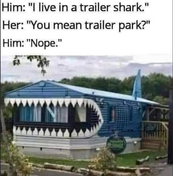 A classic meme photo of a mobile home painted bright blue and shaped like a giant shark with teeth around the windows.