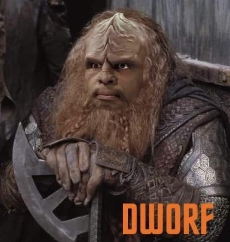 A funny pun meme showing Worf from Star Trek labeled Dworf.