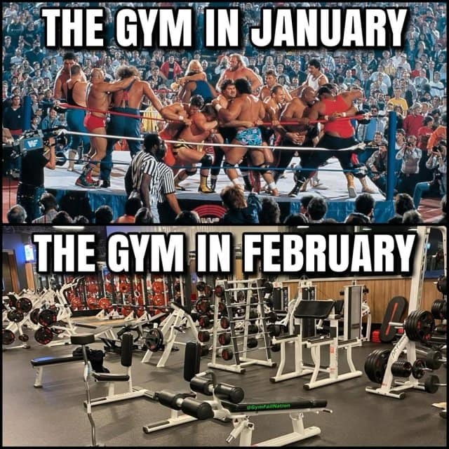 A classic meme comparing a crowded wrestling ring in January to an empty gym in February.