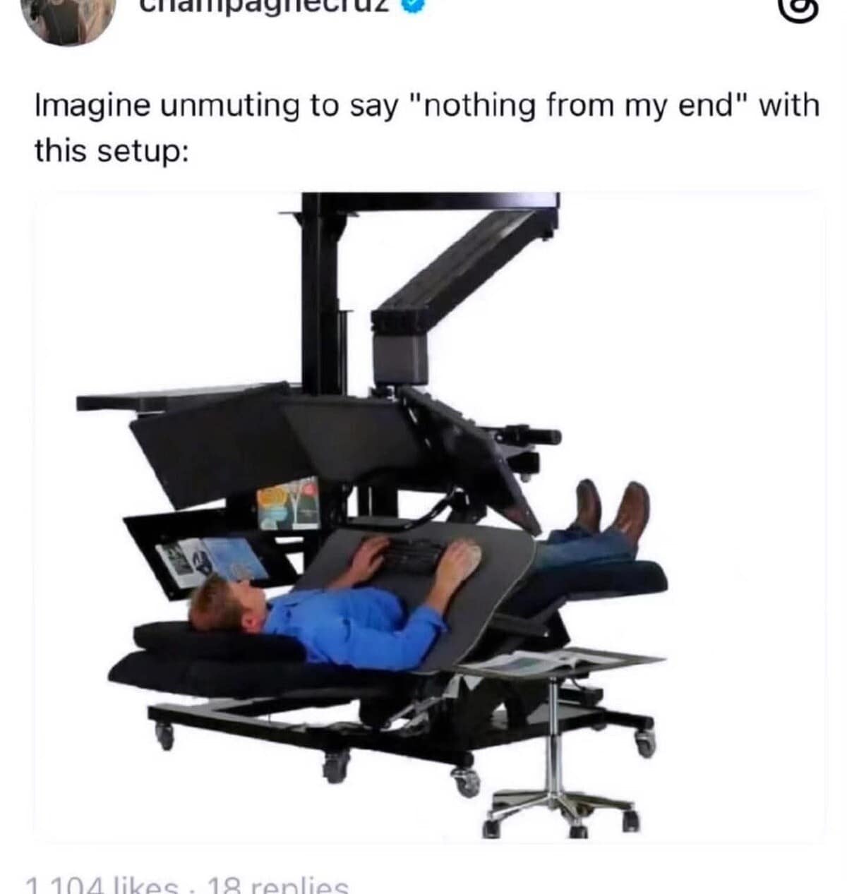A classic meme showing a zero-gravity computer workstation for maximum laziness.