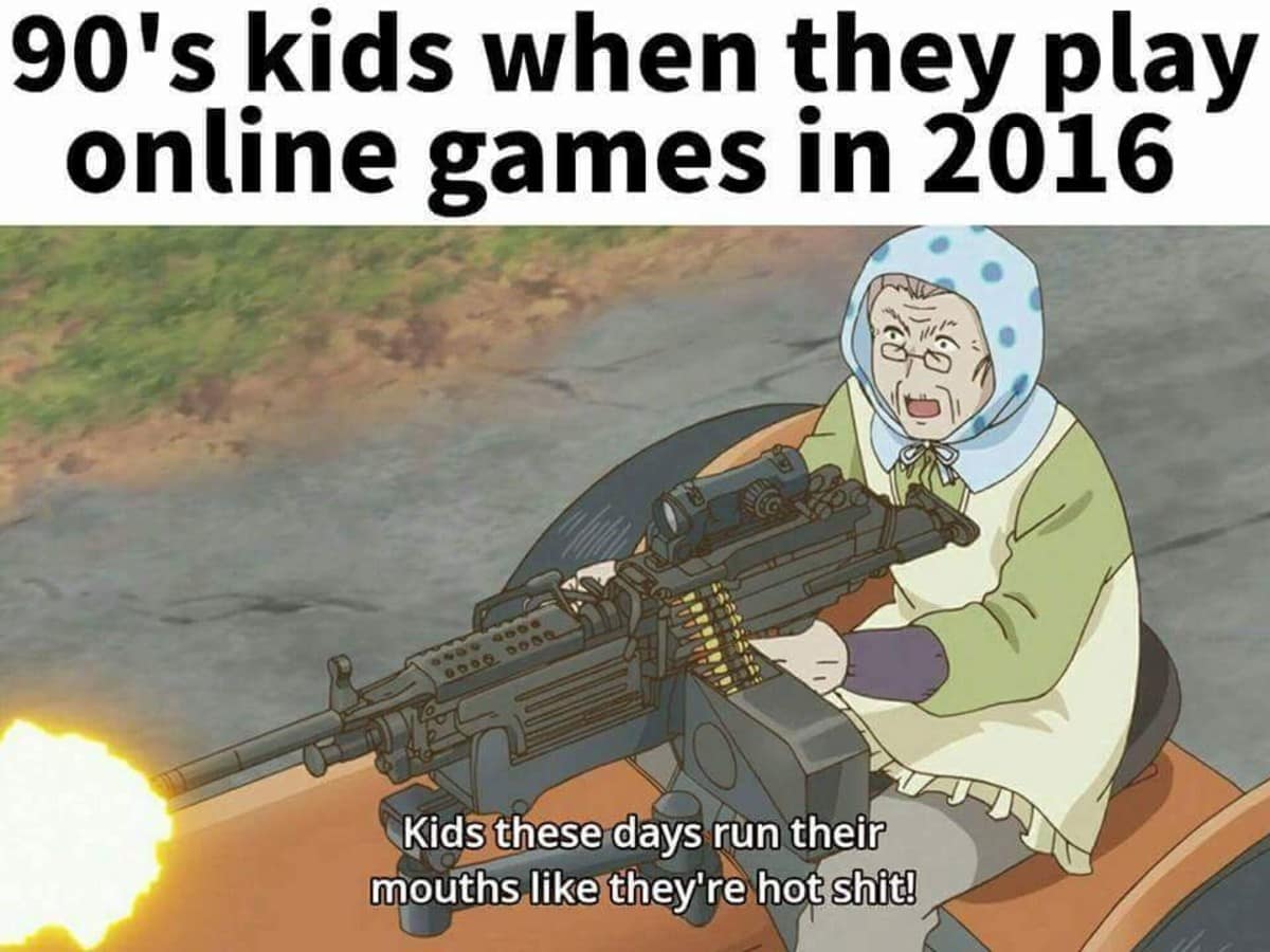 A vintage meme anime image of an elderly woman with a machine gun representing 90s kids gaming online.
