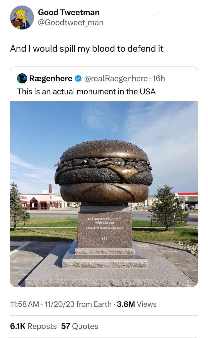 A viral tweet showing a bronze Quarter Pounder monument stating the user would die to defend it.