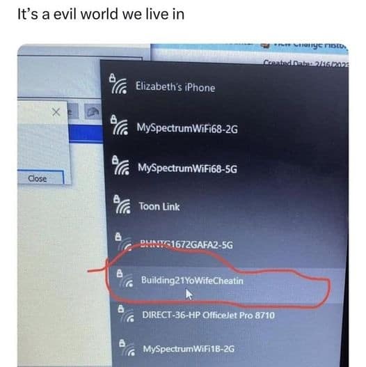 A viral tweet photo of a wifi network list showing a network named Building21YoWifeCheatin.