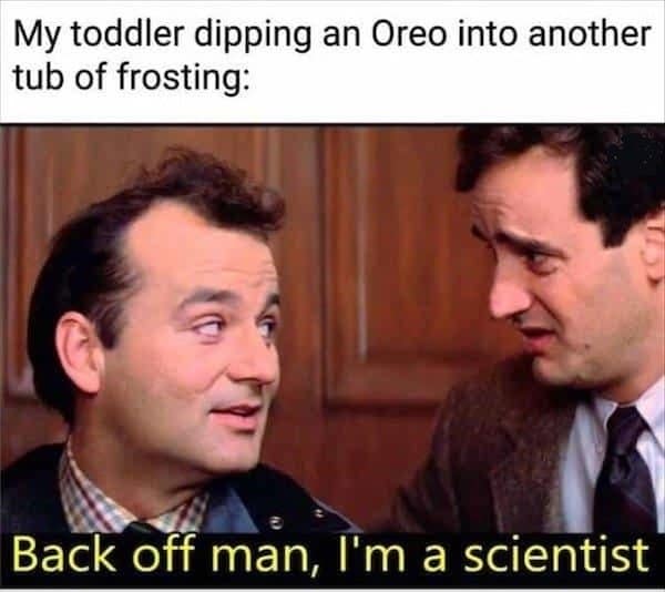 A classic meme using Bill Murray from Ghostbusters to represent a toddler dipping Oreos in frosting.