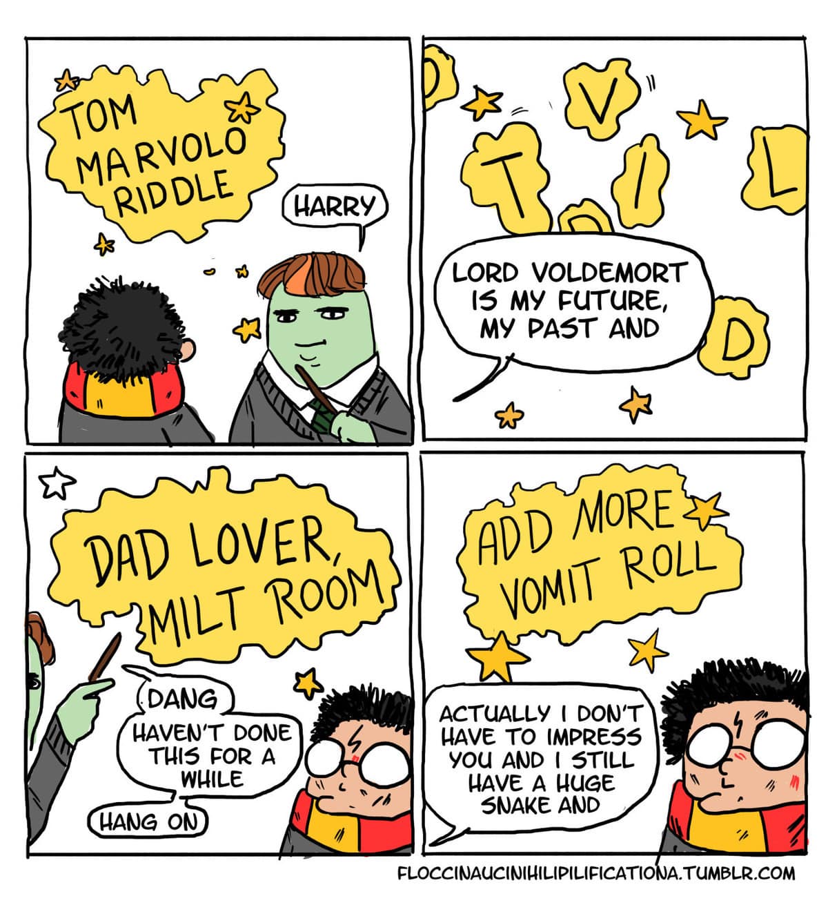 A funny comic showing Voldemort struggling to make an anagram of his name like Vomit Roll.