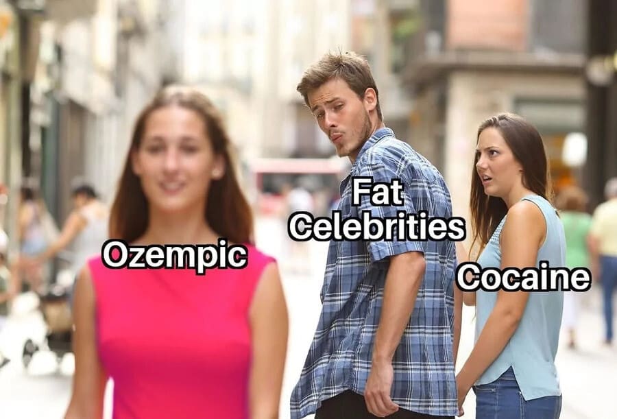 A classic meme using the distracted boyfriend format to show Hollywood choosing Ozempic over cocaine.