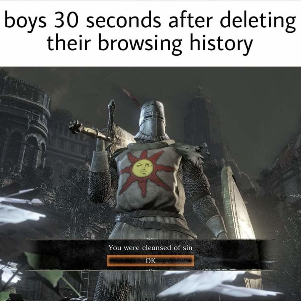 A classic meme showing Solaire from Dark Souls telling a boy his sins are cleansed after deleting browser history.