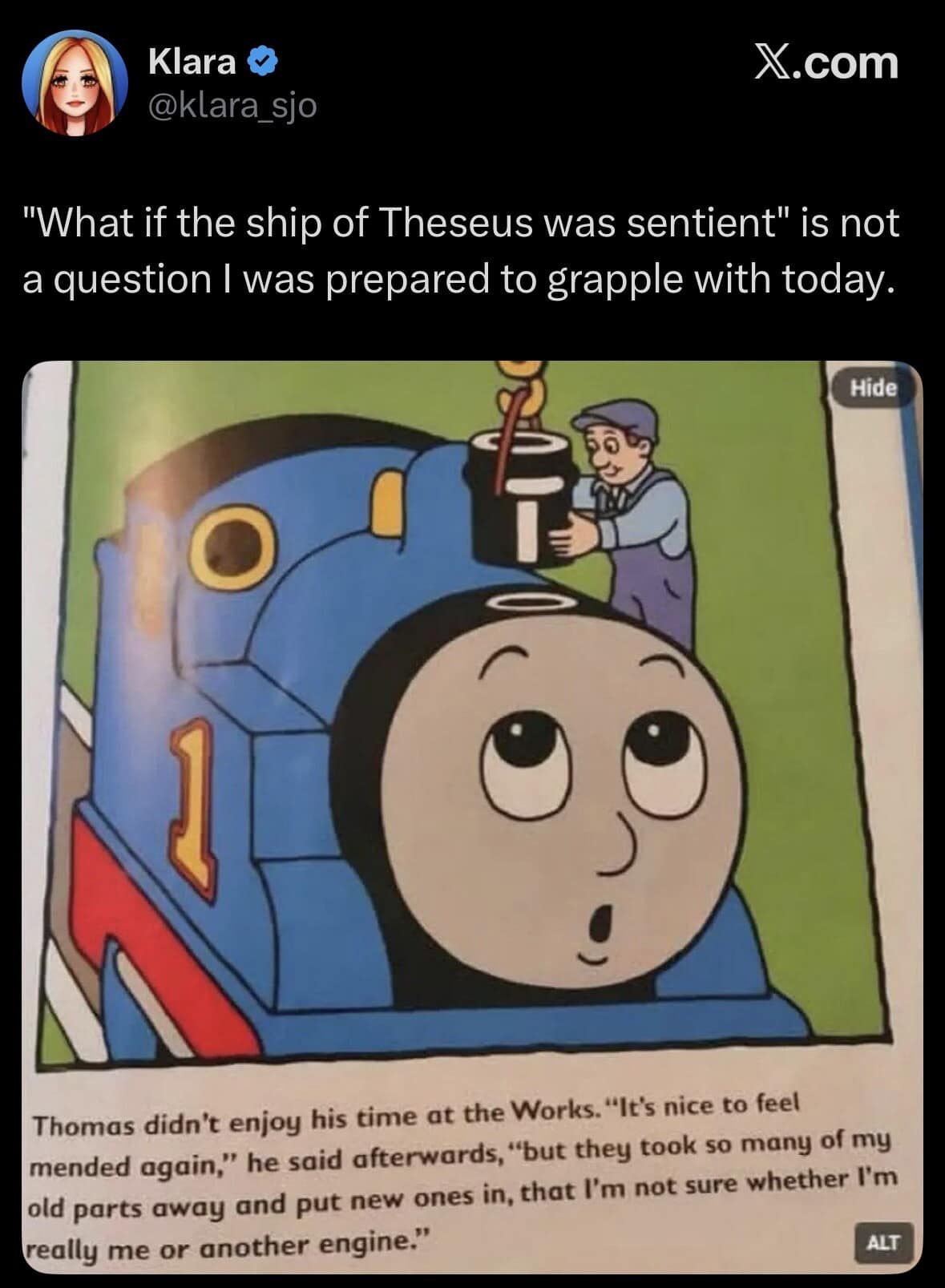 A classic meme tweet sharing a page from a Thomas the Tank Engine book that discusses the "Ship of Theseus" identity crisis.