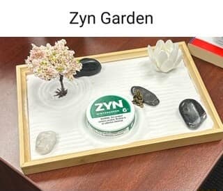 A classic meme photo of a miniature desktop zen garden where the rocks have been replaced with a Zyn nicotine pouch container.