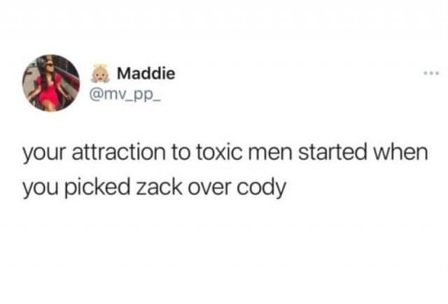 A viral tweet by Maddie claiming attraction to toxic men started by picking Zack over Cody in the Disney show.