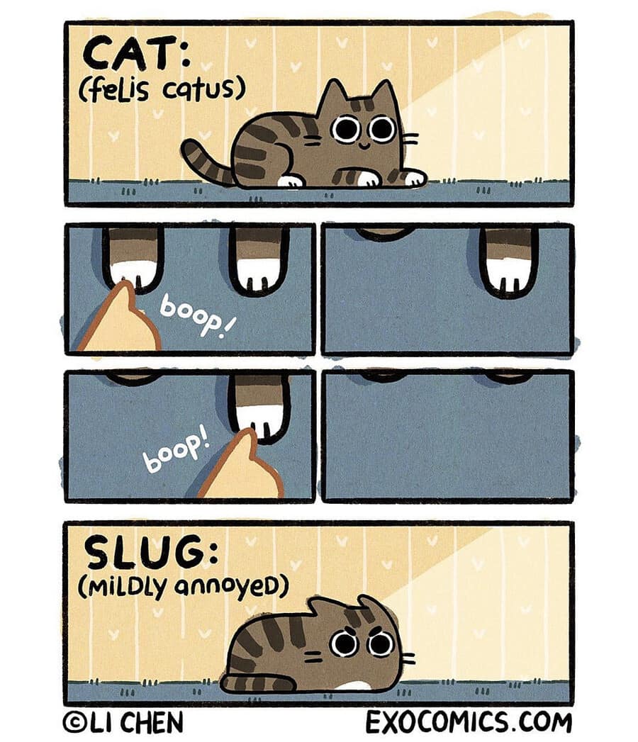 A classic meme comic by Exocomics comparing a cat knocking things off a table to a slug failing to do the same.
